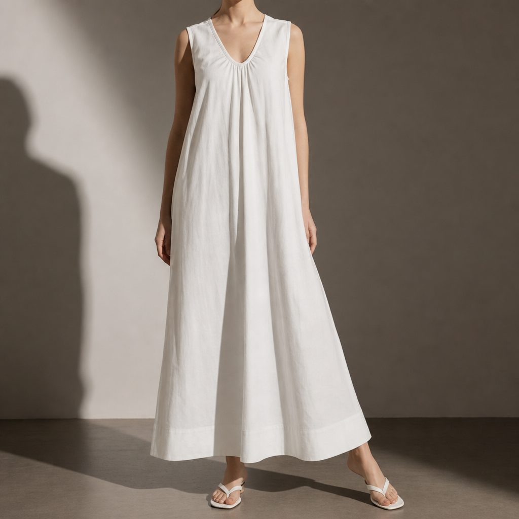 Maxi dress with smocking and A-line silhouette for women
