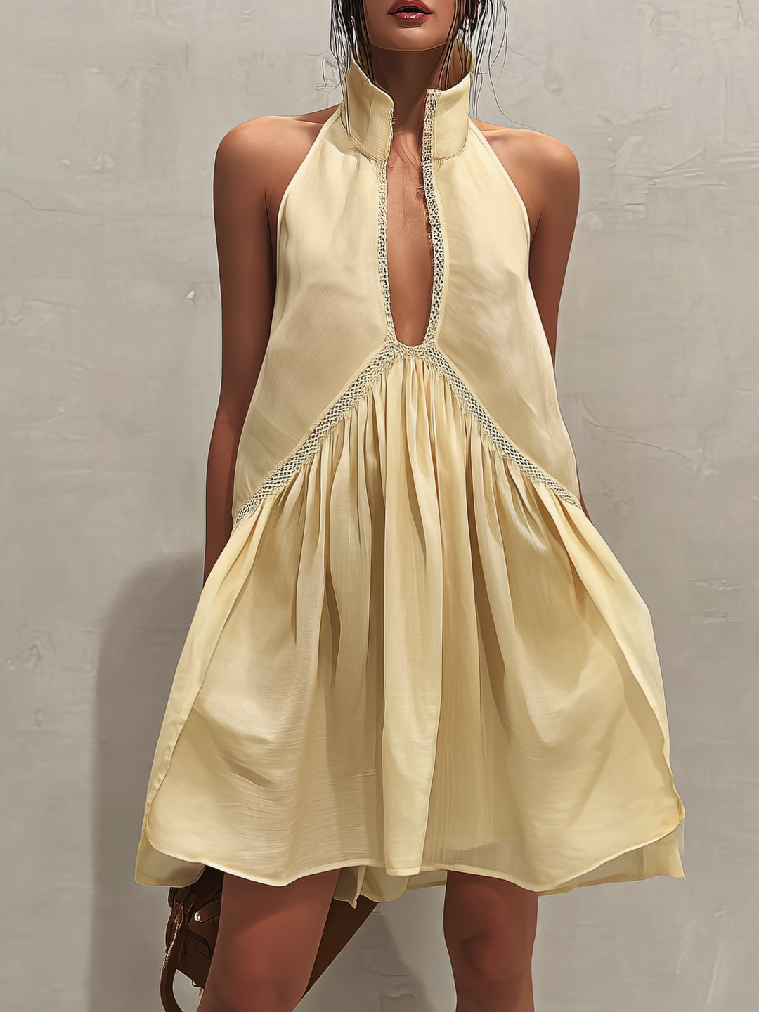 Sleeveless Mini Dress with Deep V-Neck and Lace Trim for Women