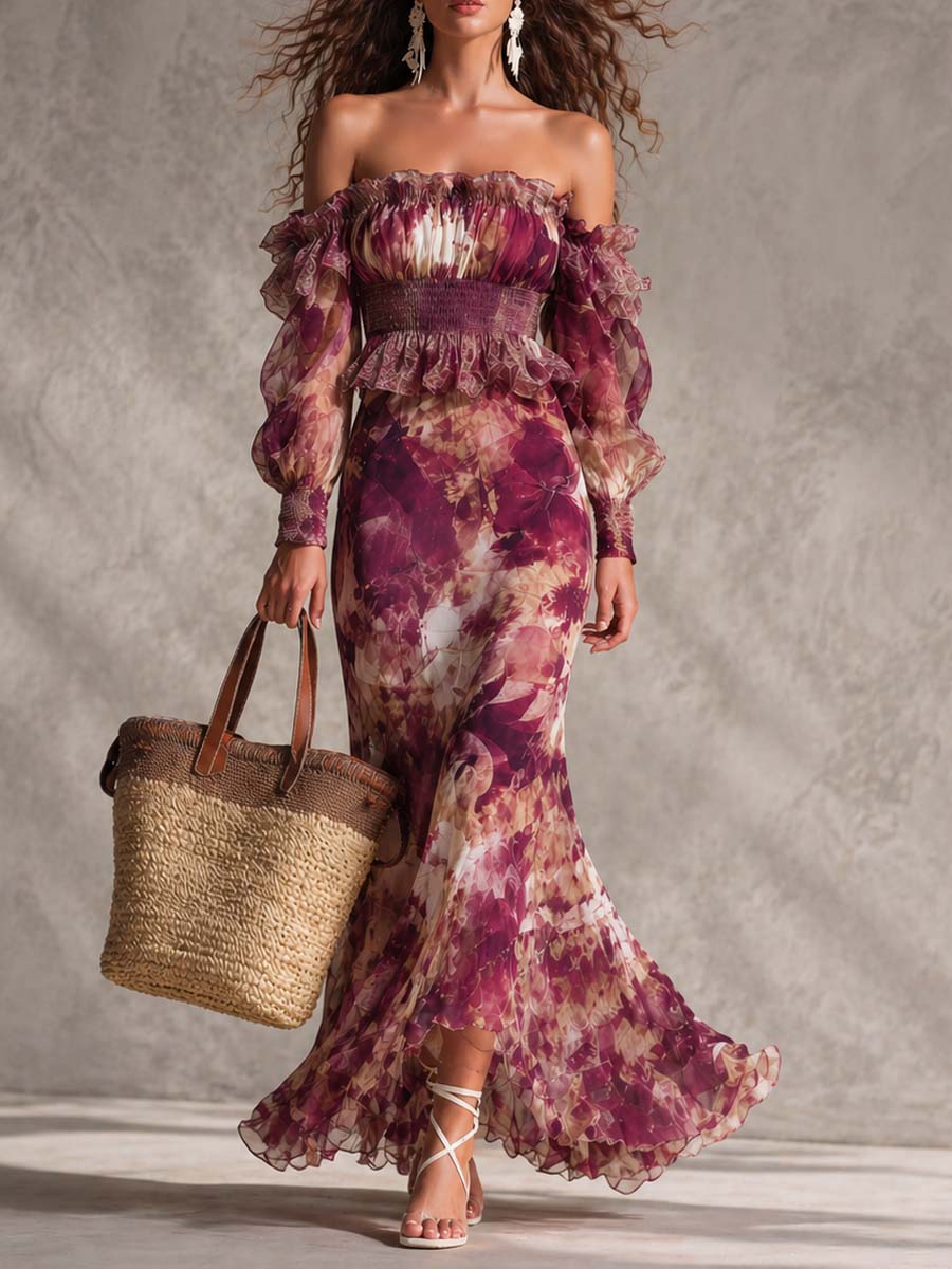 Dame maxikjole i chiffon med off-shoulder og blomster