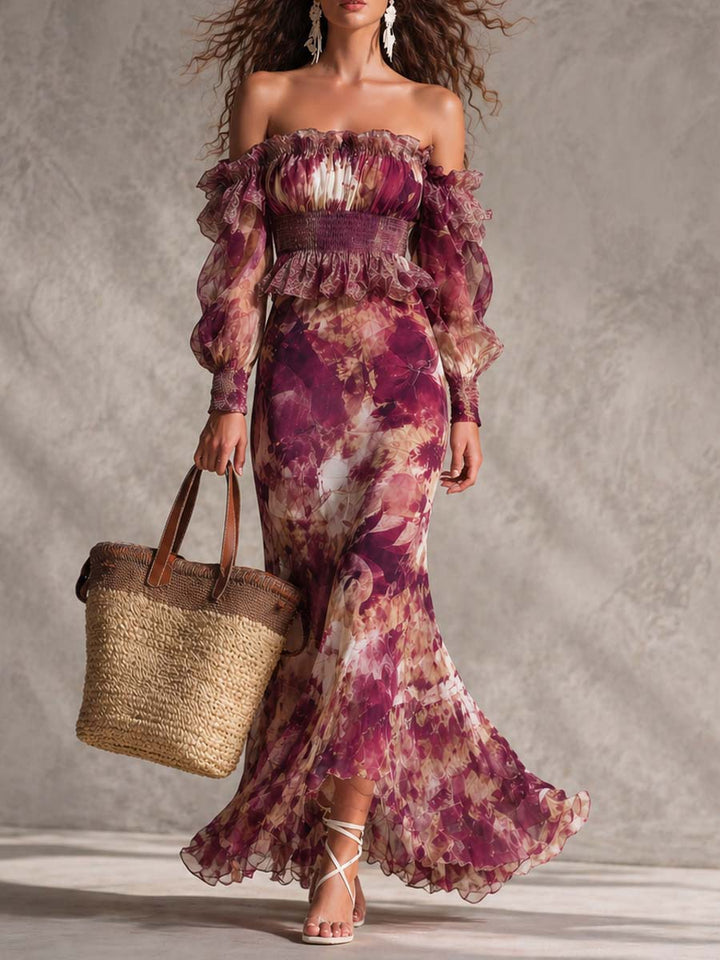 Dame maxikjole i chiffon med off-shoulder og blomster