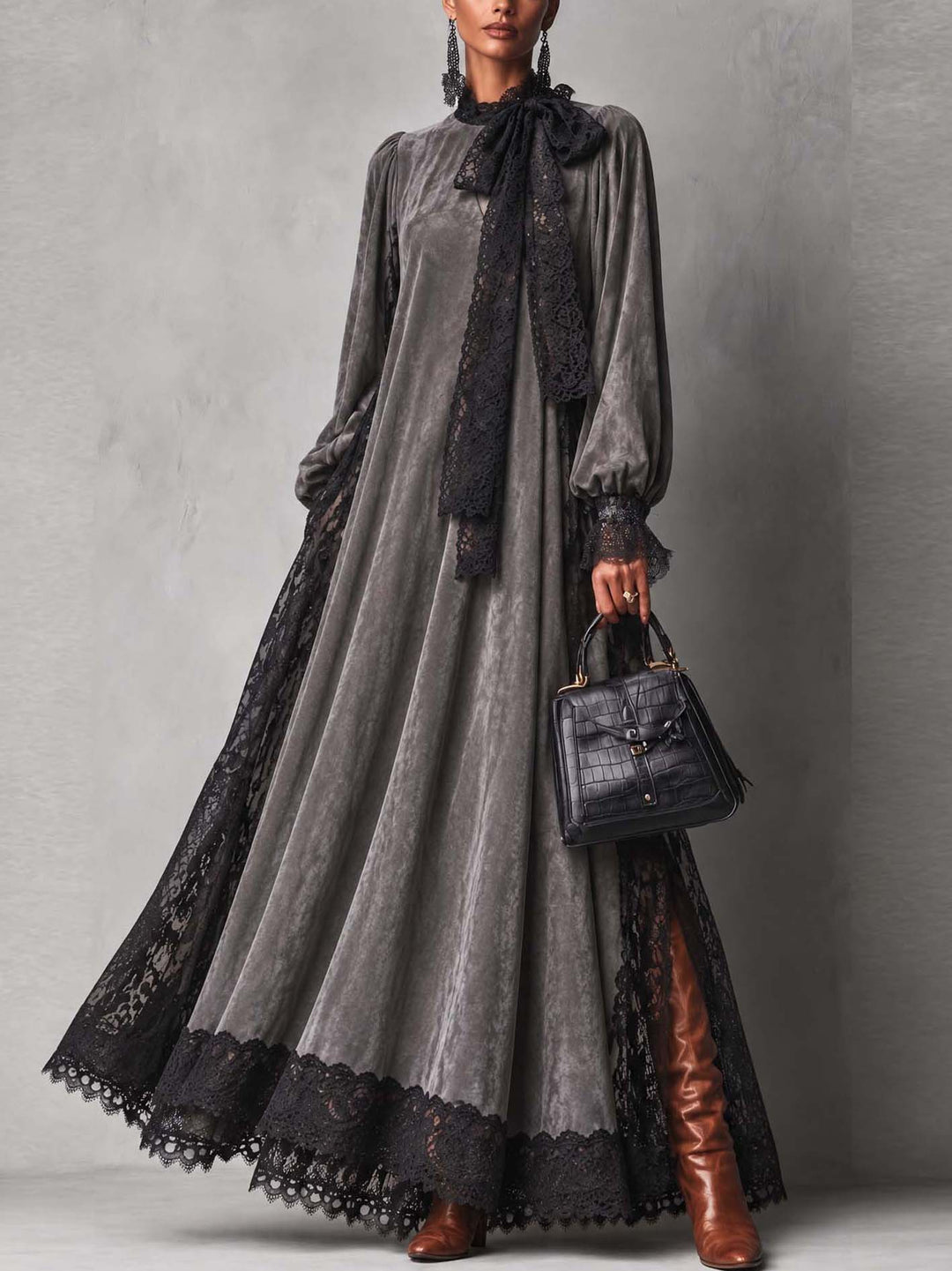 Maxi Dress with Suede Look, Lace, and Neck Bow for Women