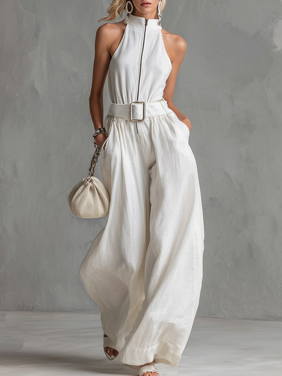 Elegant Sleeveless Jumpsuit with Belt and Wide Legs for Women