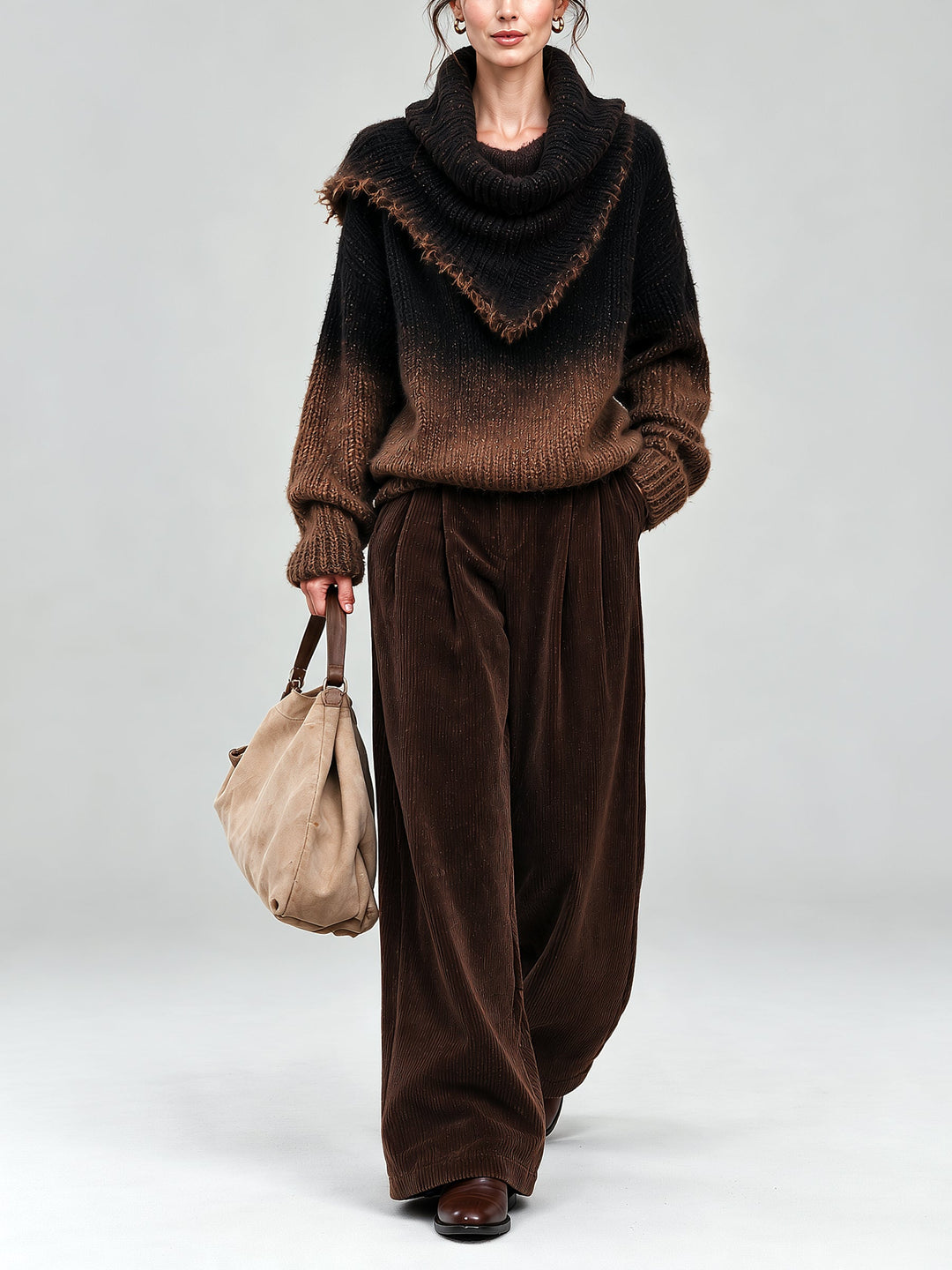 Women's High-Neck Sweatshirt and Wide-Leg Velvet Pants Set