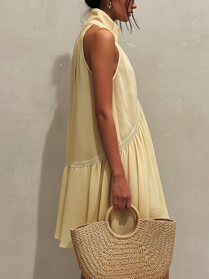 Sleeveless Mini Dress with Deep V-Neck and Lace Trim for Women
