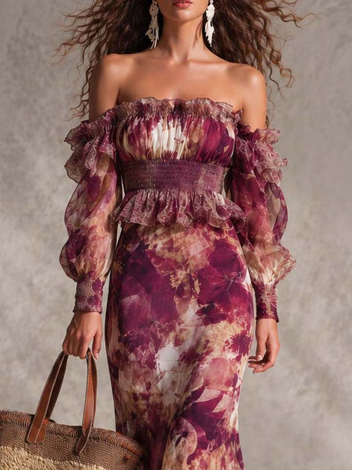 Dame maxikjole i chiffon med off-shoulder og blomster