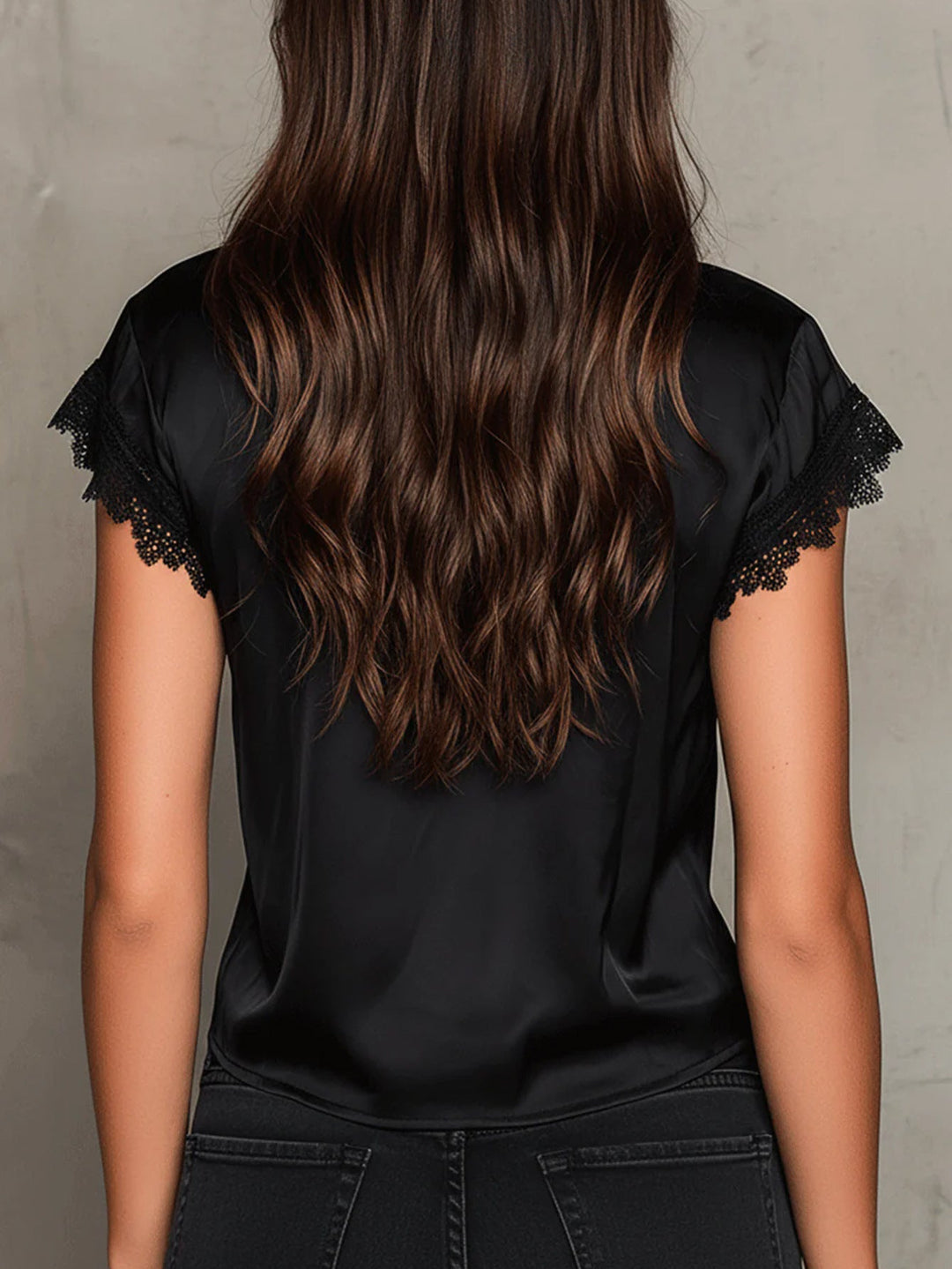Short-Sleeved Women's Blouse with V-Neck and Lace Panels