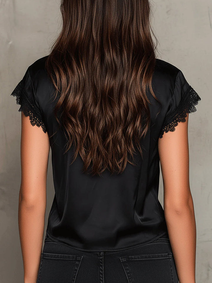 Short-Sleeved Women's Blouse with V-Neck and Lace Panels