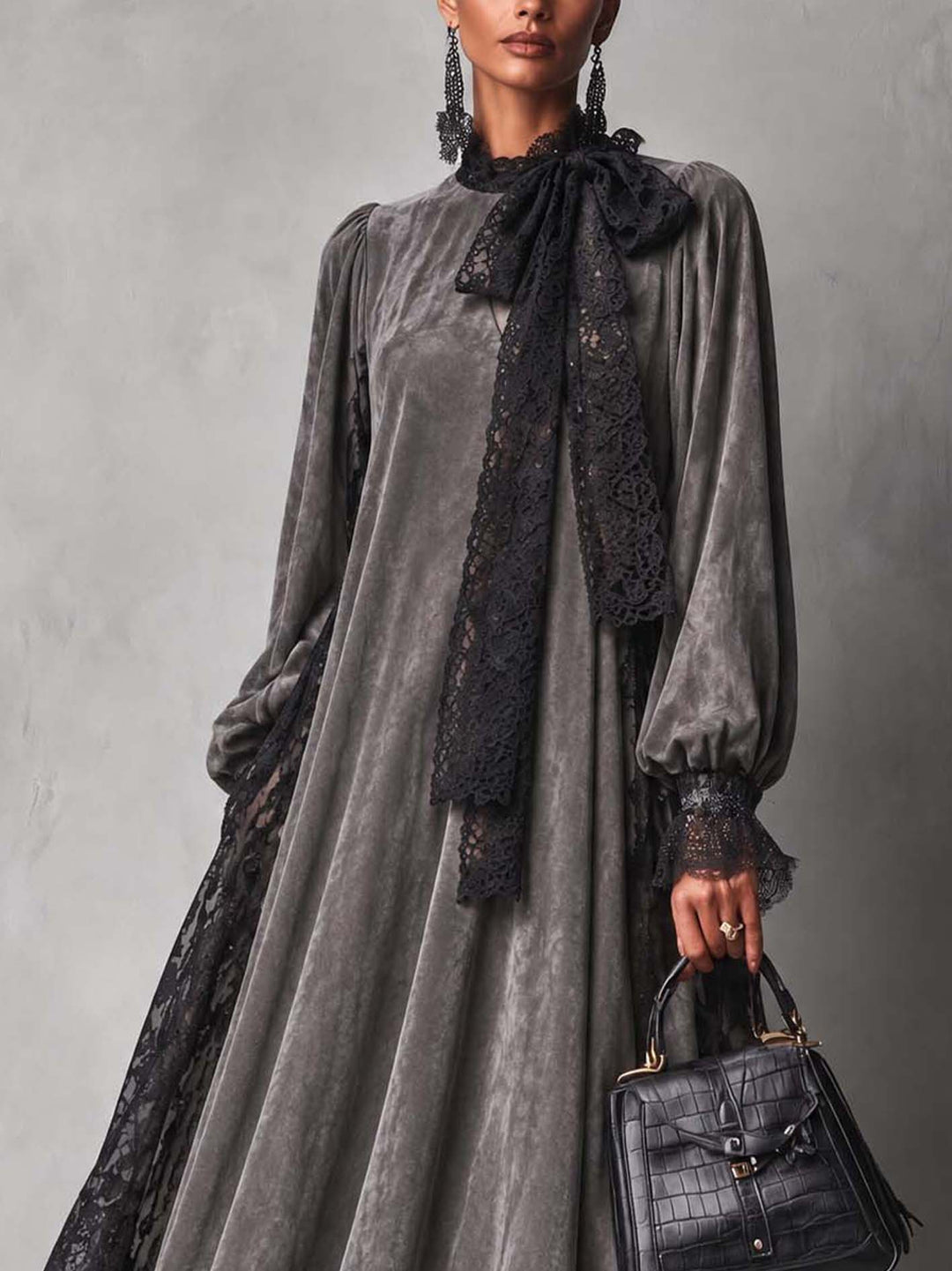 Maxi Dress with Suede Look, Lace, and Neck Bow for Women