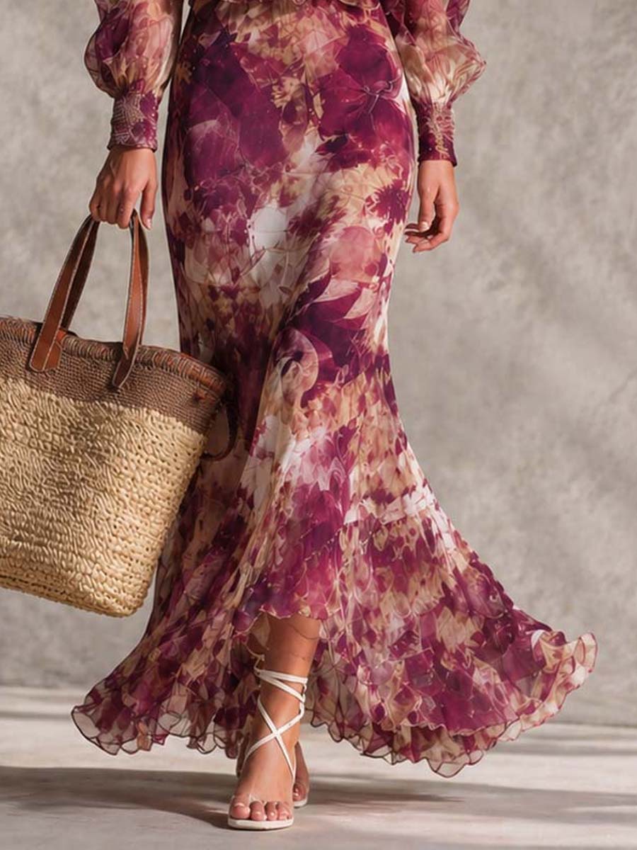 Dame maxikjole i chiffon med off-shoulder og blomster