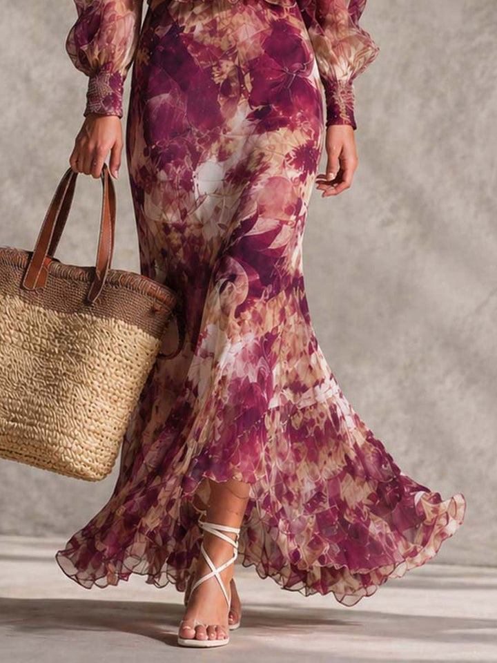 Dame maxikjole i chiffon med off-shoulder og blomster