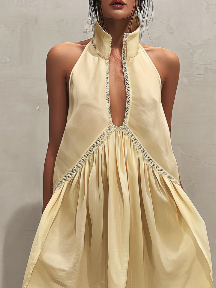 Sleeveless Mini Dress with Deep V-Neck and Lace Trim for Women