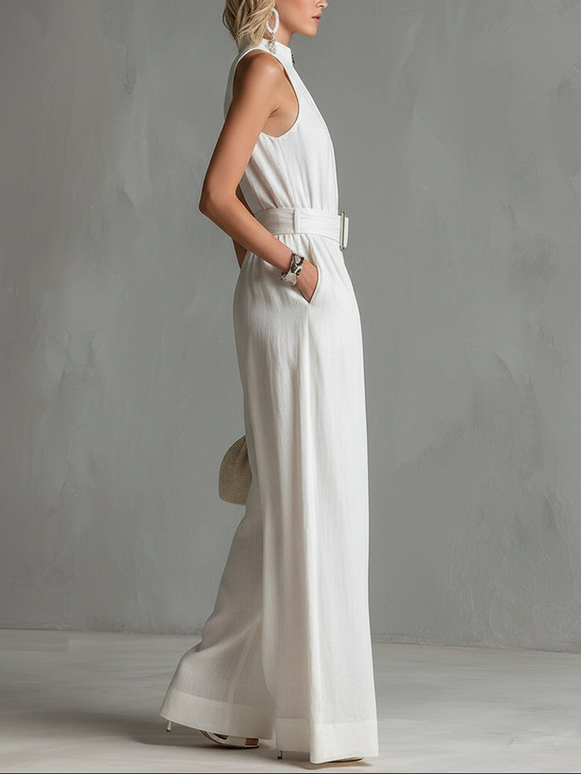 Elegant Sleeveless Jumpsuit with Belt and Wide Legs for Women