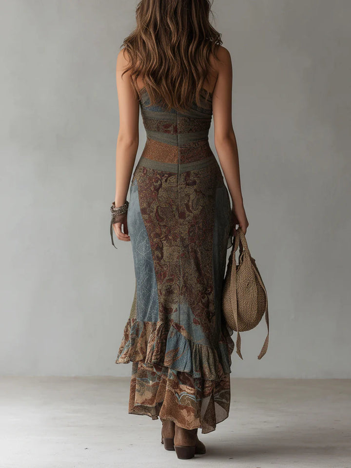 Maxi Dress with One Shoulder, Ethnic Pattern, and High Slit for Women