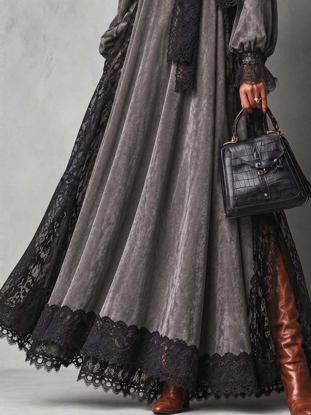 Maxi Dress with Suede Look, Lace, and Neck Bow for Women