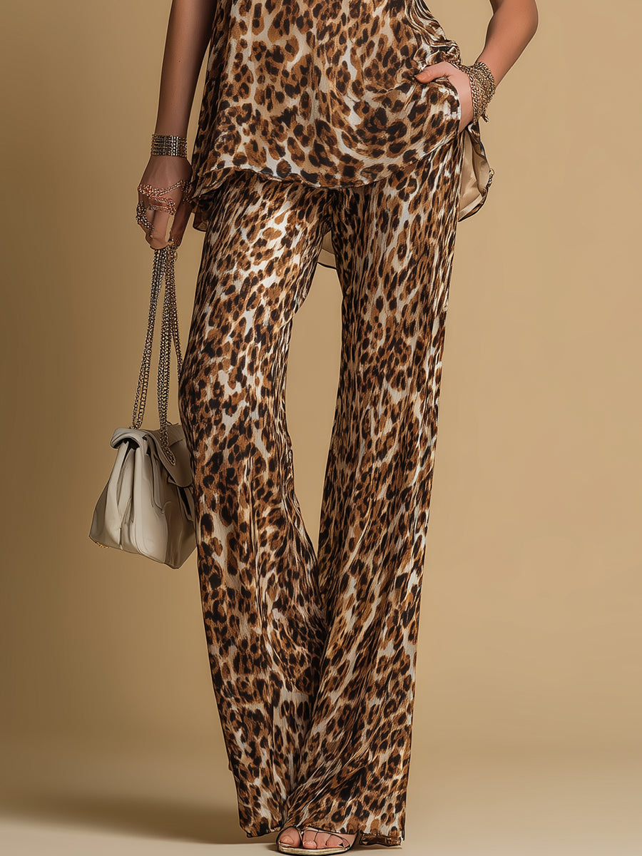 Two-Piece Set for Women with a Sleeveless Leopard-Print Chiffon Top and Wide-Leg Pants