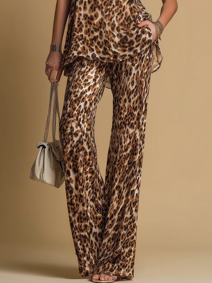 Two-Piece Set for Women with a Sleeveless Leopard-Print Chiffon Top and Wide-Leg Pants