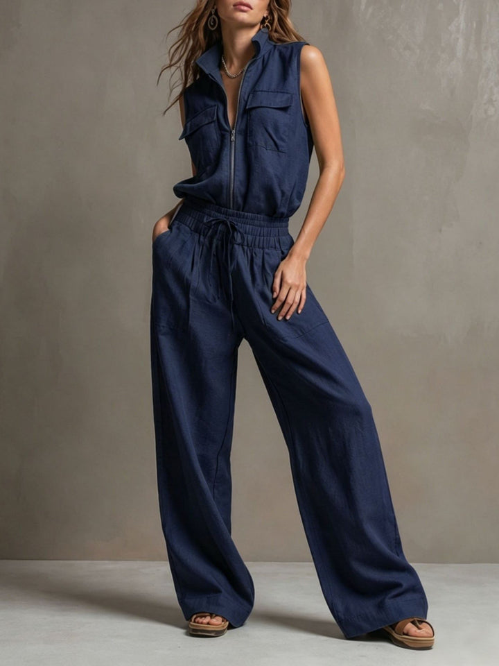 Women's Sleeveless Half-Zip Set with Wide-Leg Pants