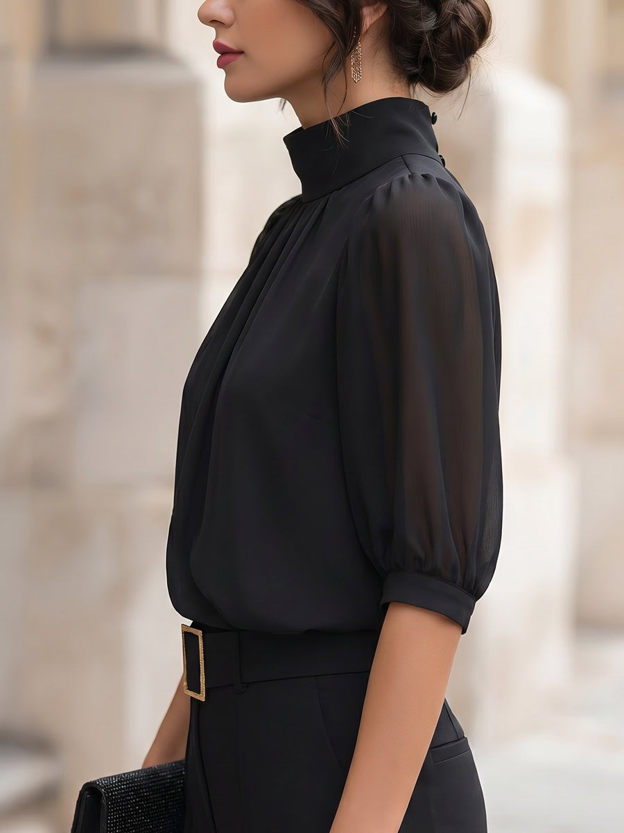Chiffon Bluse med Pufærmer til Kvinder