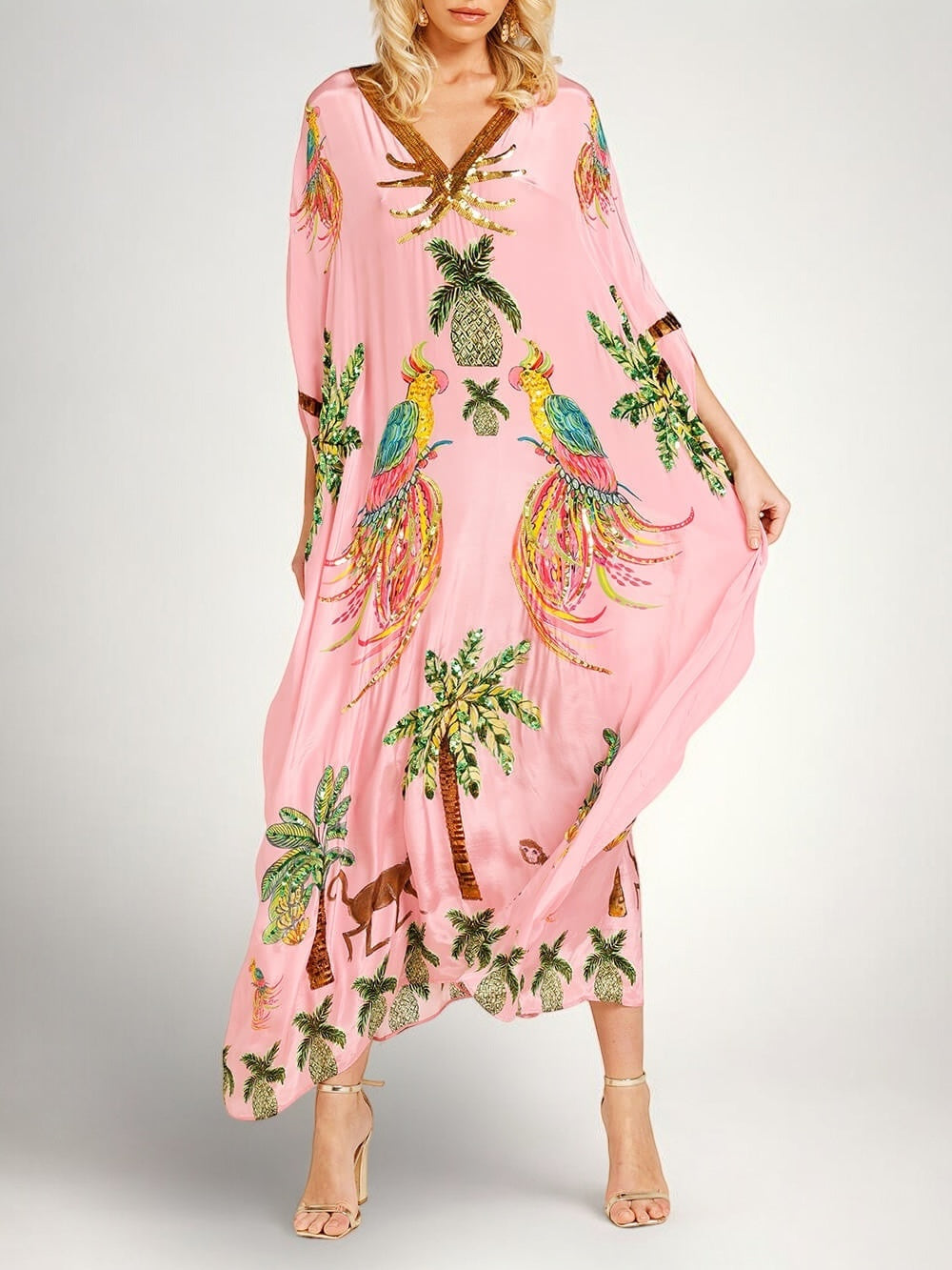 Løs dame-kjole med kokospalmeprint og drop shoulder