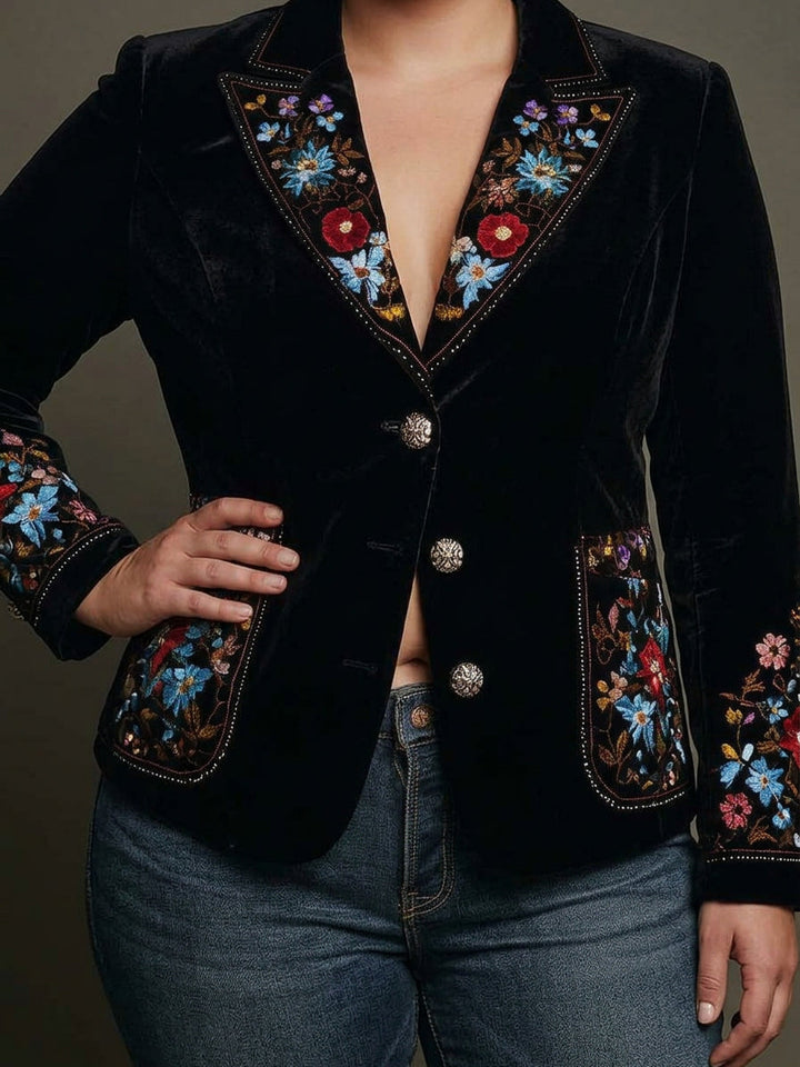Women's Blazer with Floral Embroidery and Notched Lapel