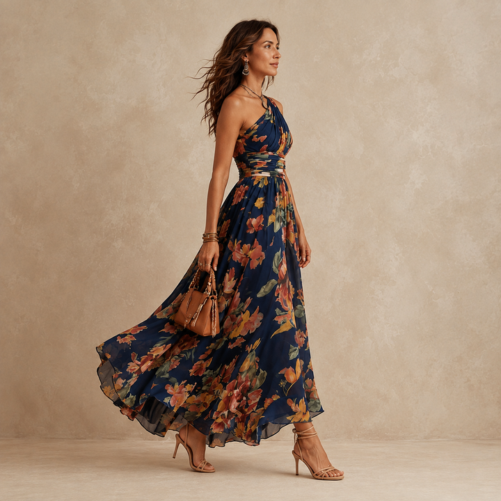 Celeste | Blomstret one-shoulder maxikjole til kvinder
