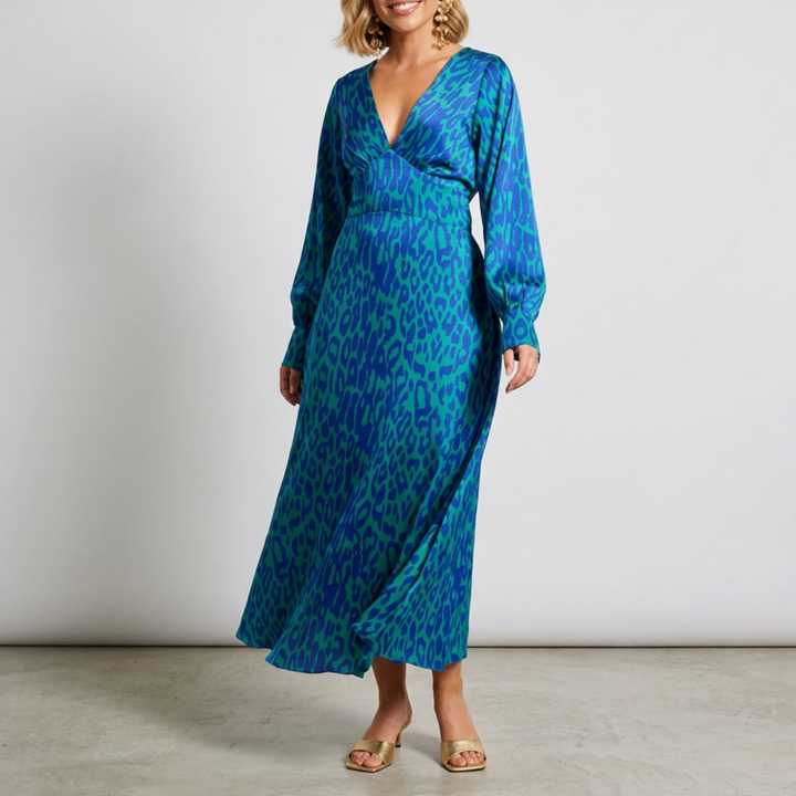 Satin midaxi dress with leopard print for women