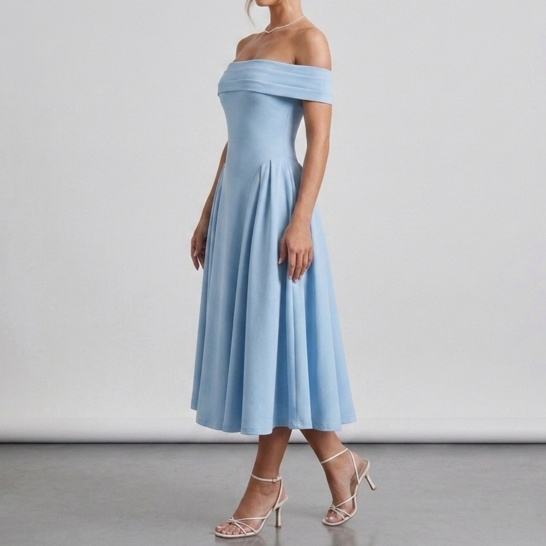 Midi dress with bare shoulders and a flared skirt for women