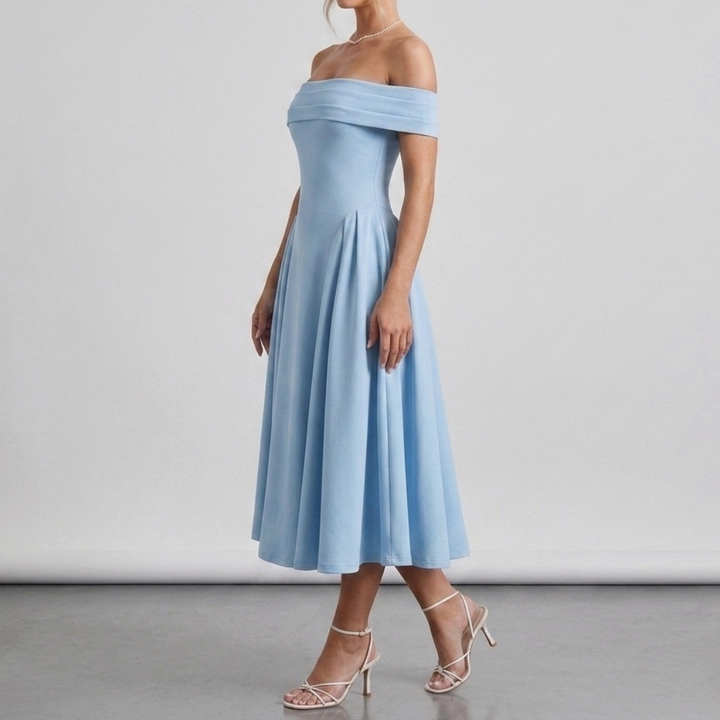 Midi dress with bare shoulders and a flared skirt for women