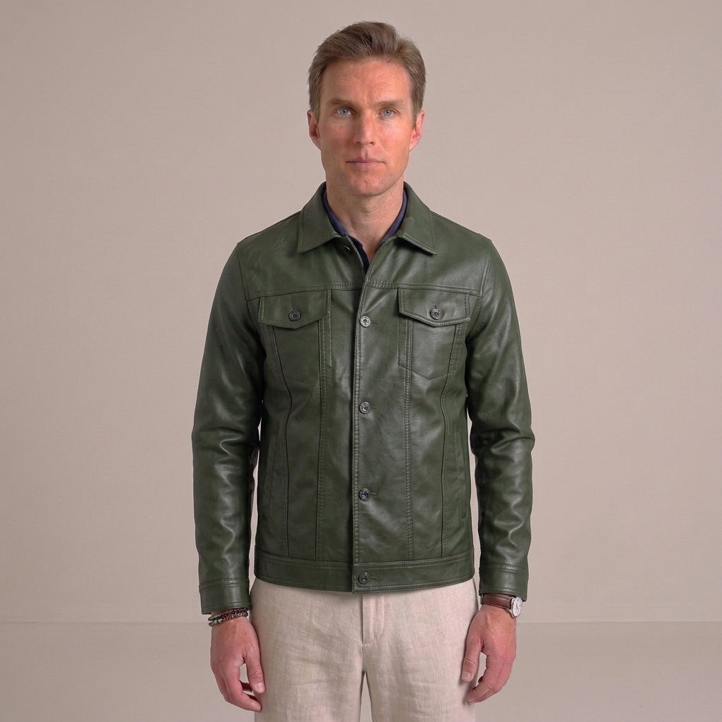 Men’s leather jacket with button closure