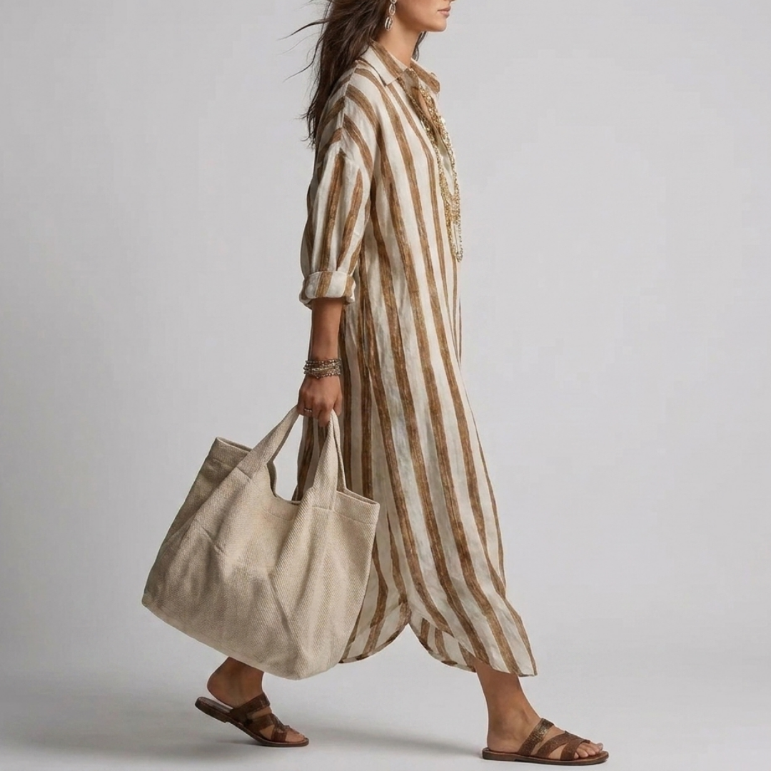 Relaxed striped linen maxi dress with a collar and long sleeves for women