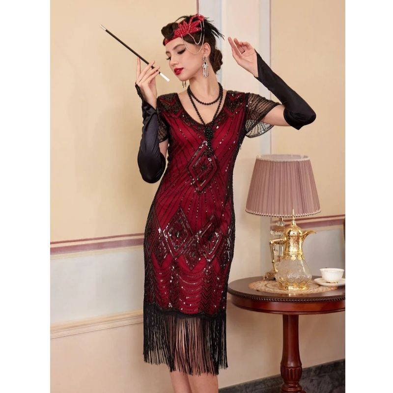 1920s Dress with Beading and Sheer Sleeves for Women