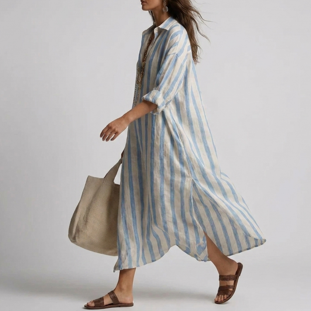 Relaxed striped linen maxi dress with a collar and long sleeves for women