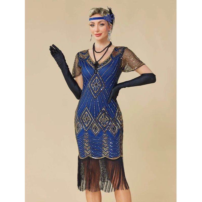 1920s Dress with Beading and Sheer Sleeves for Women