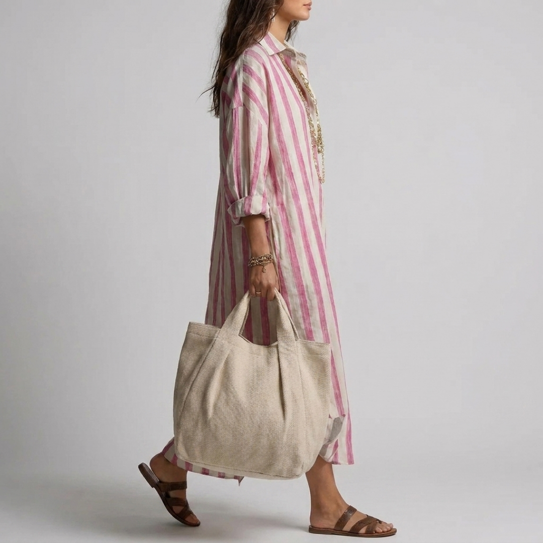 Relaxed striped linen maxi dress with a collar and long sleeves for women