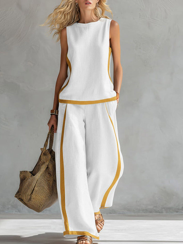 Sleeveless Top with a Round Neck and High-Waisted Wide-Leg Pants for Women