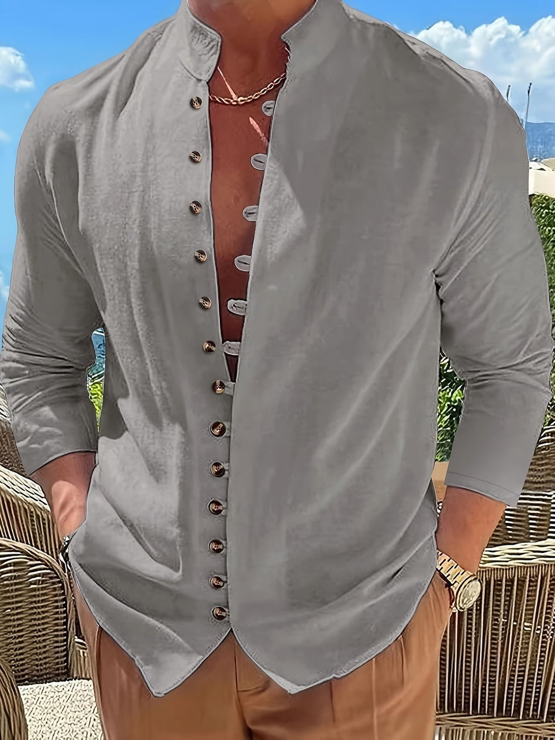 Retro Long-Sleeve Button-Up Shirt for Men
