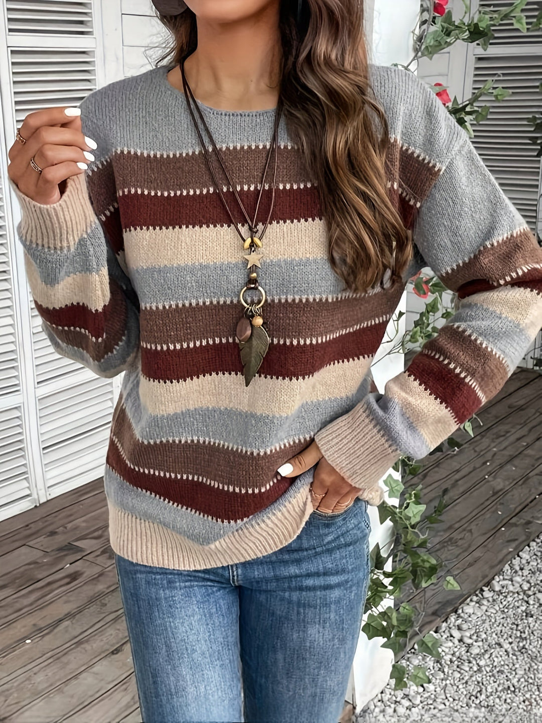 Striped Sweater with Crew Neck for Women