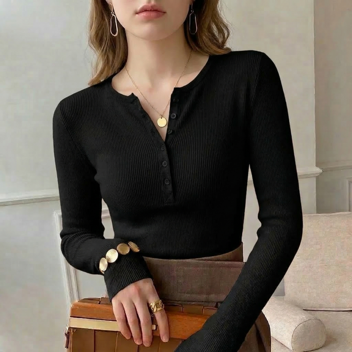 Ribbed Henley Blouse for Women