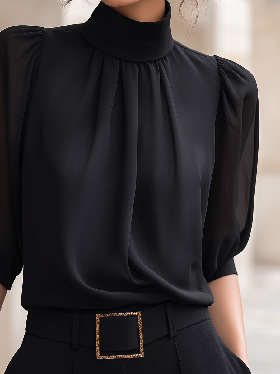 Chiffon Bluse med Pufærmer til Kvinder