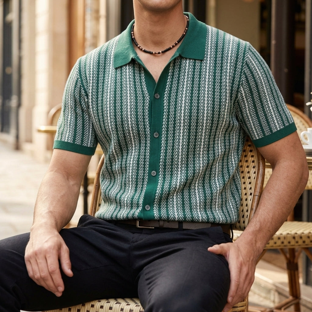 Men's Knit Polo Shirt with Herringbone Pattern