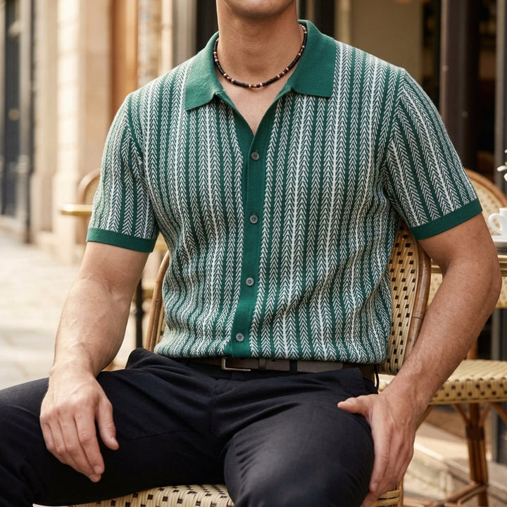 Men's Knit Polo Shirt with Herringbone Pattern