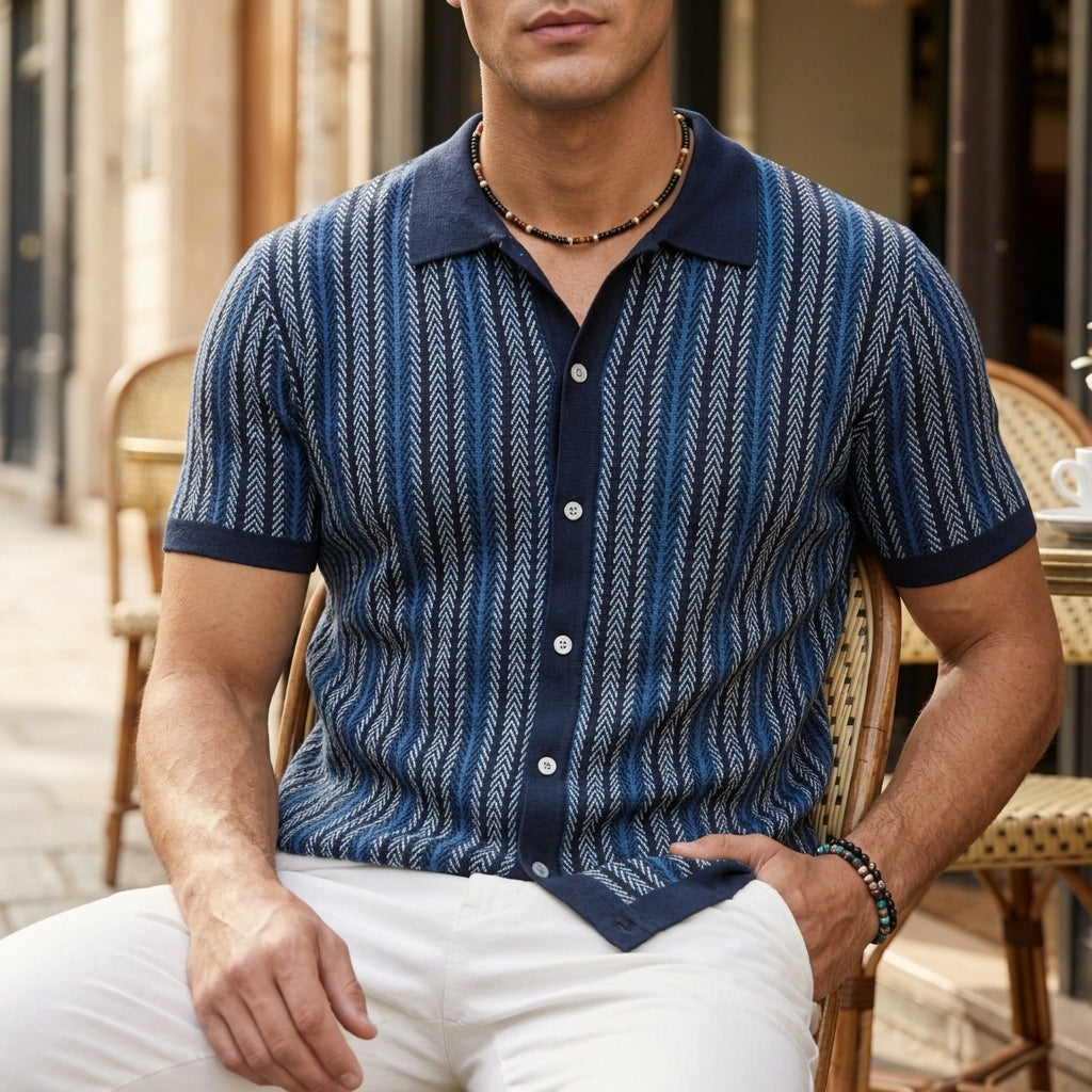 Men's Knit Polo Shirt with Herringbone Pattern