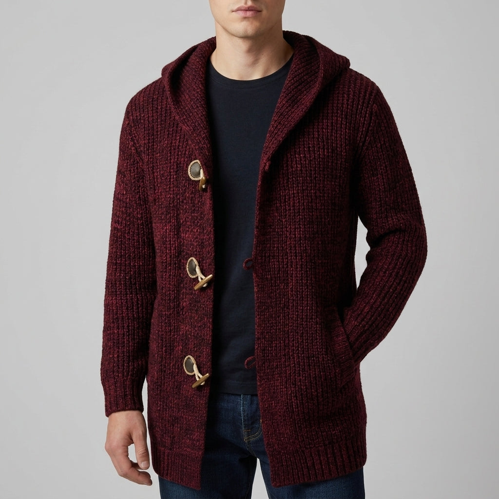Men's hooded cardigan with toggle closure