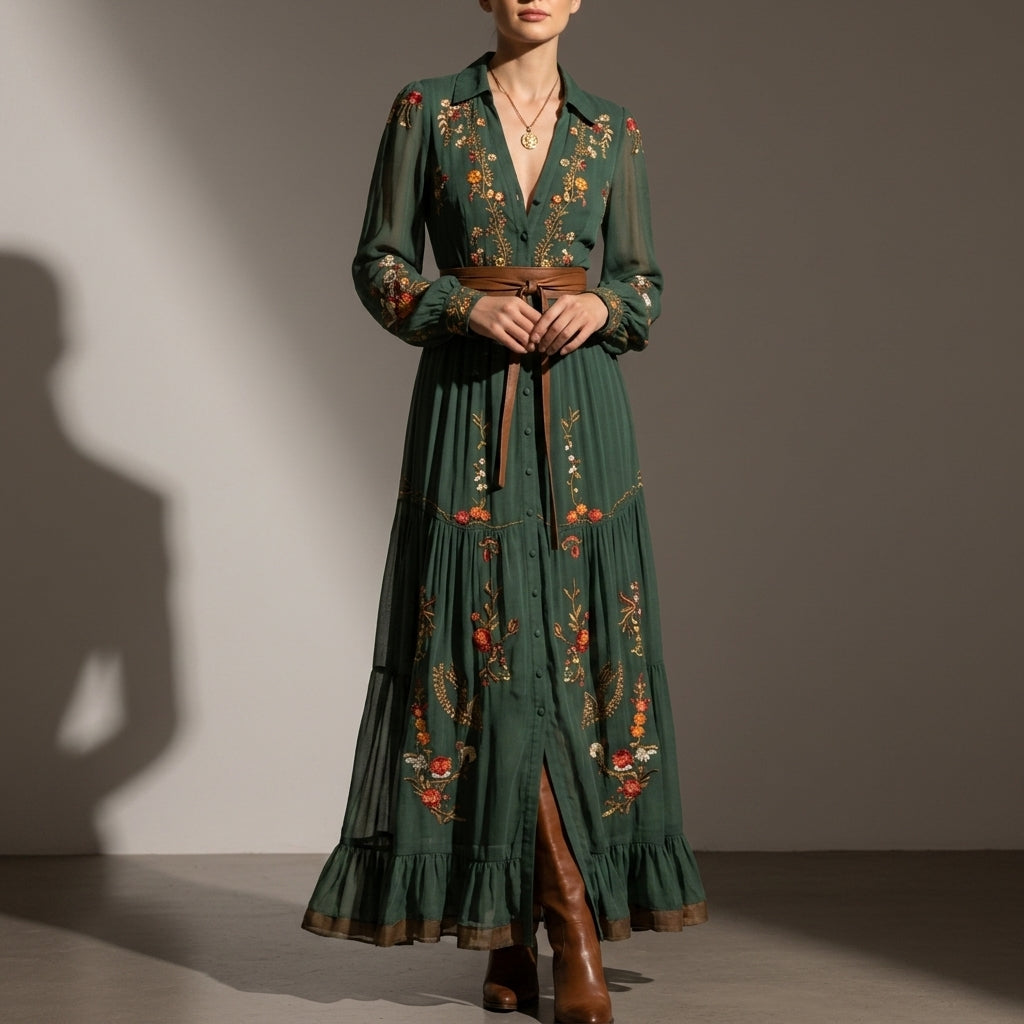 Boho maxi dress with embroidery for women