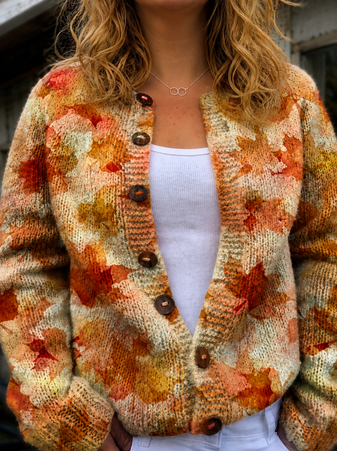 Women's Button-Up Cardigan with Autumn Leaf Print