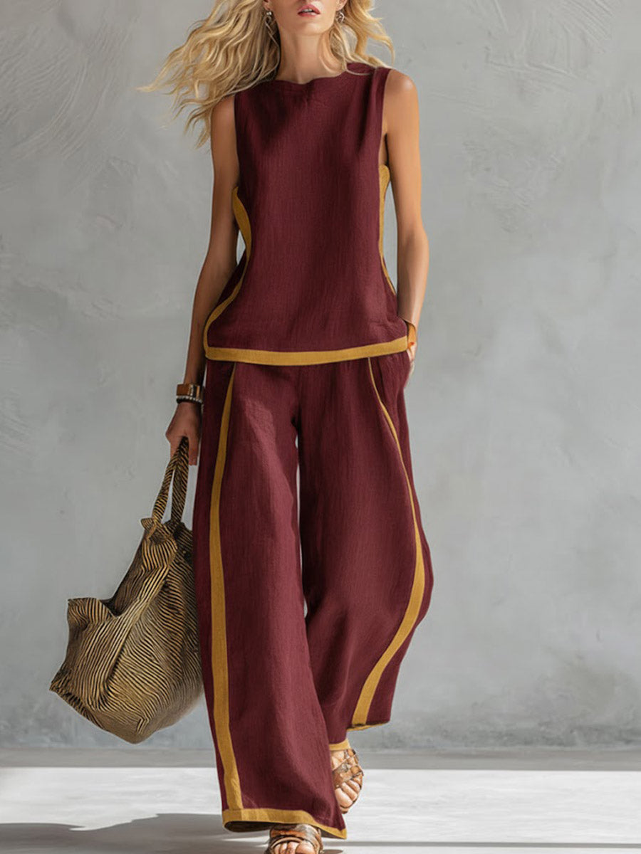 Sleeveless Top with a Round Neck and High-Waisted Wide-Leg Pants for Women