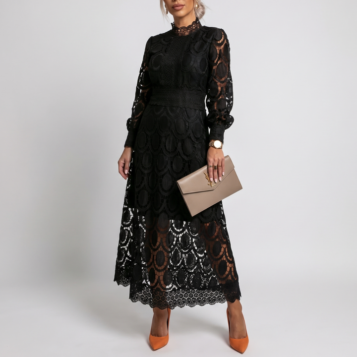 Women's summer lace dress with puff sleeves and a high neckline