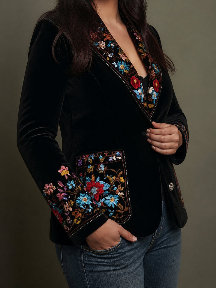 Women's Blazer with Floral Embroidery and Notched Lapel