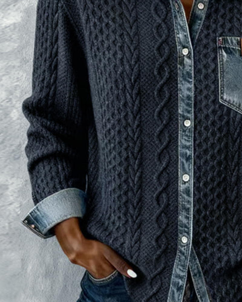 Long-sleeved shirt with denim patchwork