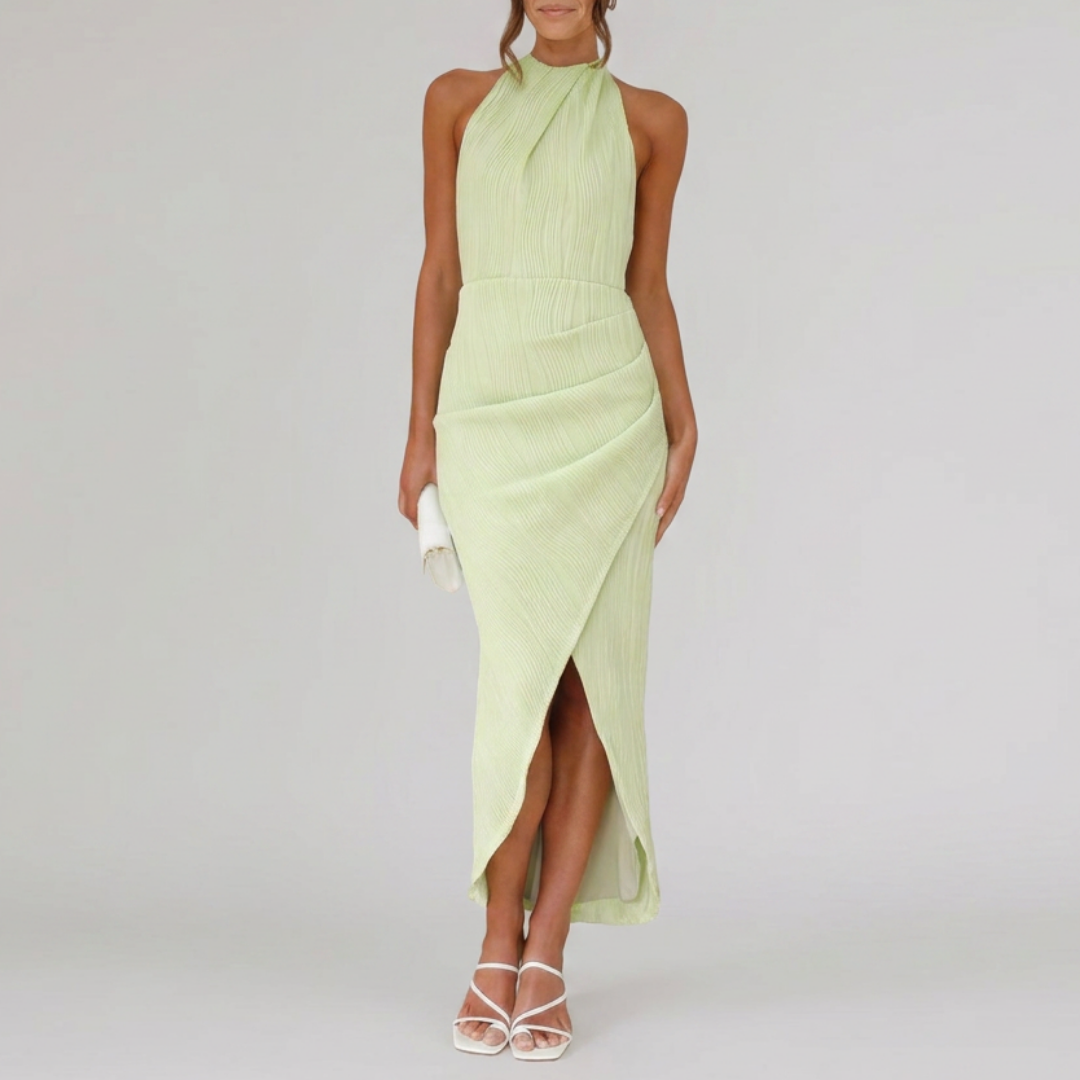 Pleated asymmetrical halter-neck dress for women